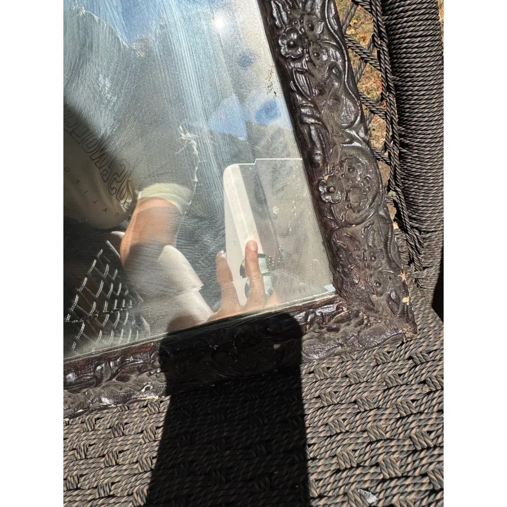 Antique Style Embossed Floral Frame Beveled Glass Wall Mirror Dark Brown 12x15